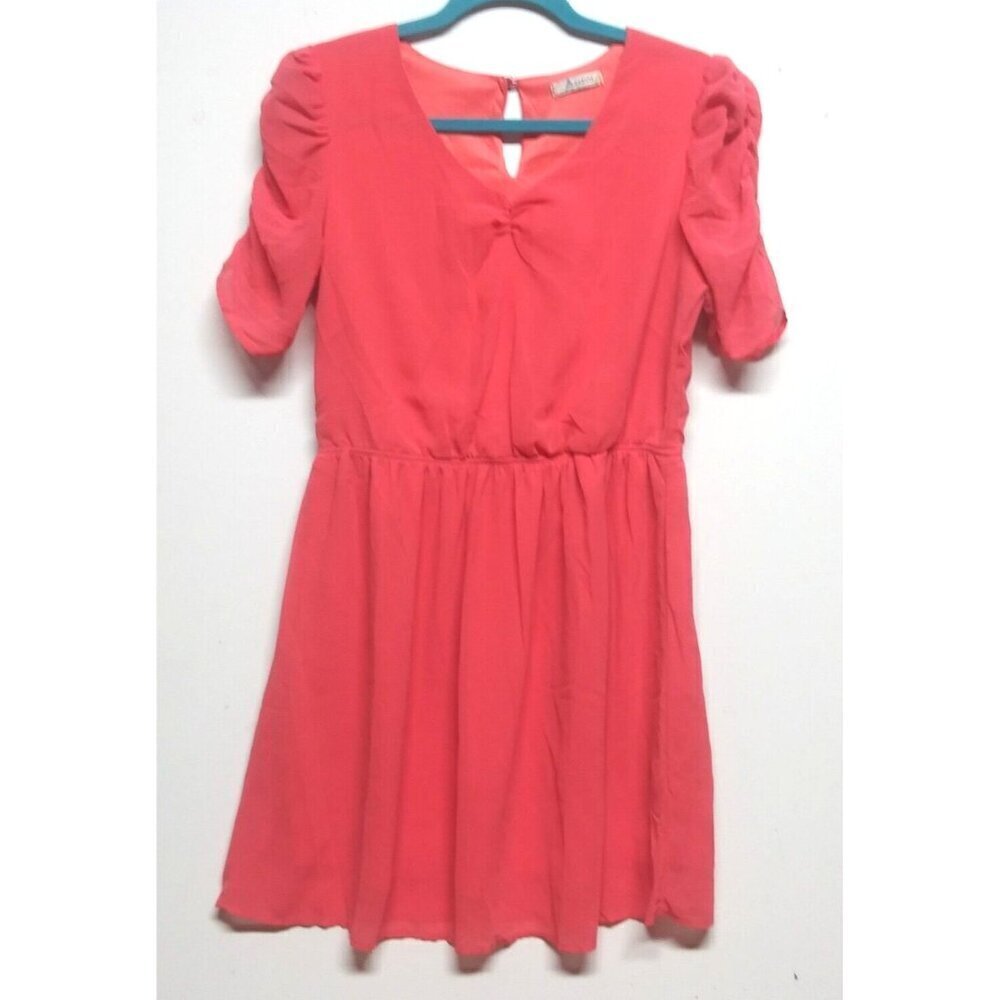 Freebird Anthropologie dress pink short fit flare M/L Elastic waist ruch sleeve